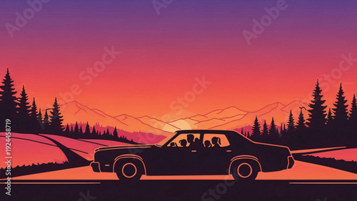 A fast car drives along the asphalt highway into a vibrant sunset, capturing the motion and speed of an auto traveling through a beautiful nature landscape