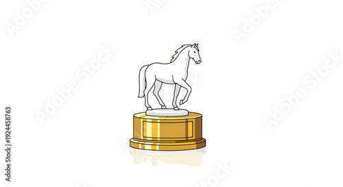 A pristine white horse statue with clean lines stands elegantly atop a shiny golden cylindrical pedestal, casting a subtle reflection.