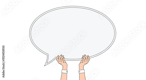 Two human hands with white cuffs are holding a large, empty oval speech bubble with a dashed outline on a plain white background.