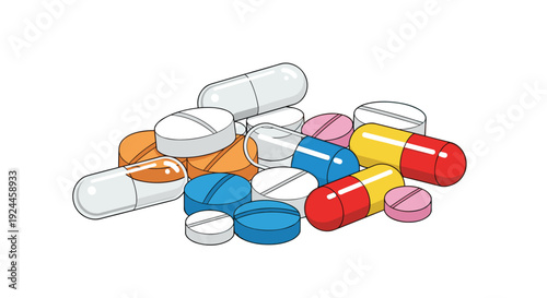 A colorful assortment of various pills and capsules, including white, orange, blue, red, yellow, and pink, is piled together.