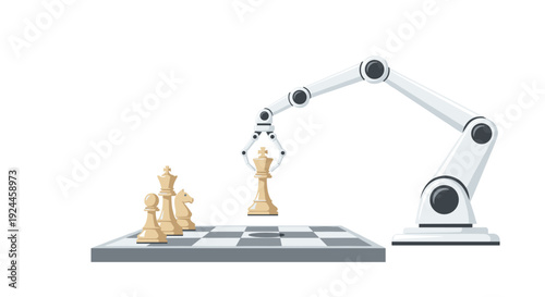 A white robotic arm is shown moving a golden king chess piece on a checkered board with other white pieces present.