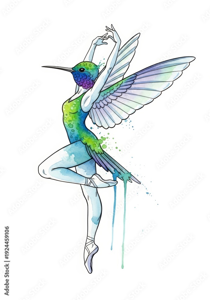 Naklejka premium Woman in a vibrant hummingbird suit dancing ballet. Creative watercolor illustration for art, dance, and nature themes. Artistic expression.