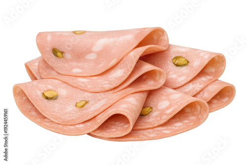 Sliced mortadella with pistachio, italian deli meat appetizer