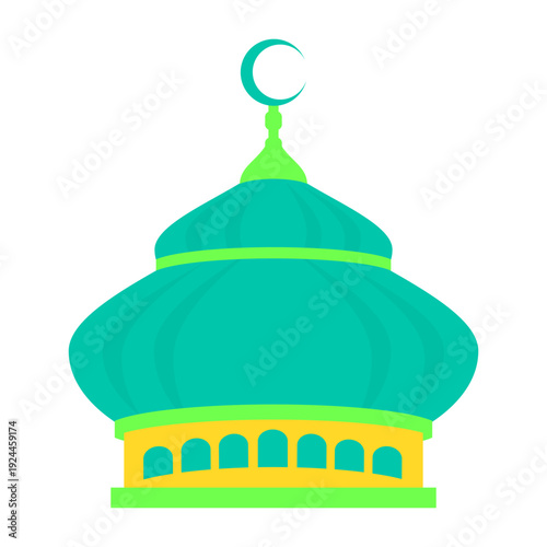 The dome of this magnificent mosque is decorated in green with a green crescent moon at the top