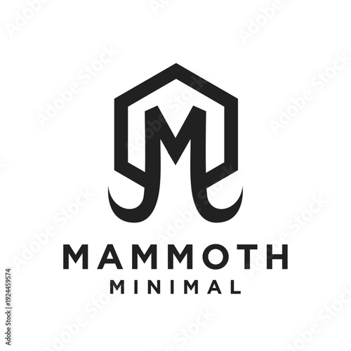 Minimalist Mammoth M Letter Logo Design with Stylized Tusks and Hexagonal Frame