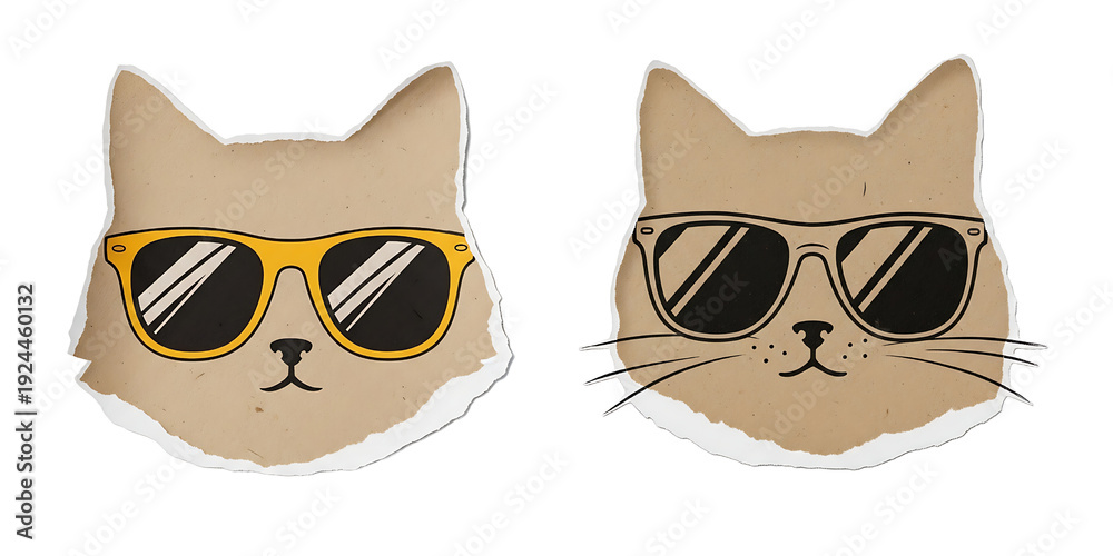 Fototapeta premium Playful retro cat face wearing yellow sunglasses looking at camera torn paper sticker design with whiskers side by side mirrored pair on transparent background vintage texture