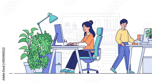 Efficient Woman Works in Vibrant Office