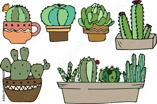 Customizable Vector Graphics of Potted Cacti and Houseplants for User Interface Design, Website Banners, and Creative Digital Landing Pages