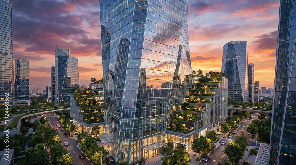 Obraz premium Modern sustainable skyscraper with vertical gardens in a futuristic city at sunset
