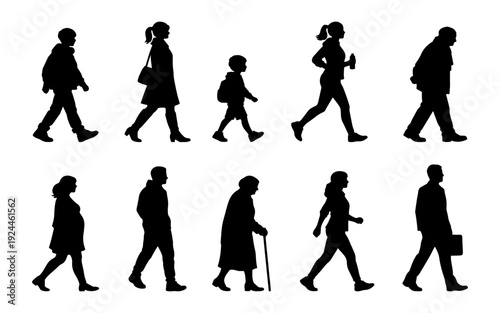vector illustration. silhouettes of people walking along the street. Large set of characters of different ages.	
