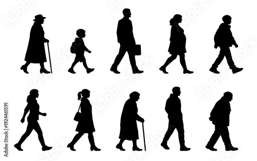 vector illustration. silhouettes of people walking along the street. Large set of characters of different ages.	
