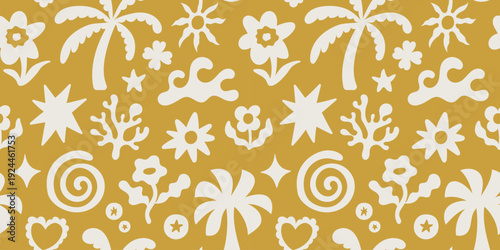 Vector summer seamless pattern in simple wavy and groovy naive style, flowers and plants, floral botanic hand drawn design backgrounds and prints,  modern art prints, surface design