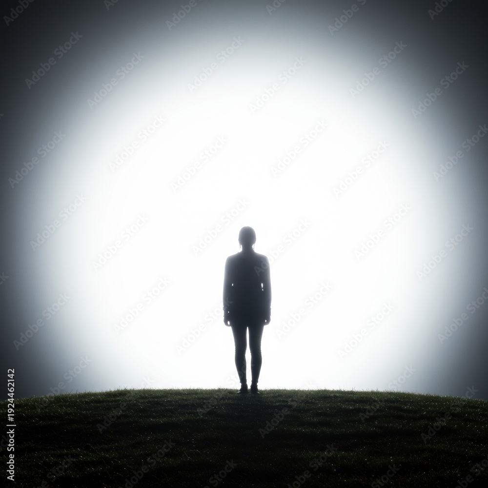 Obraz premium Silhouetted Woman Facing Bright Light on Hilltop