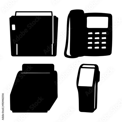 Essential black silhouette office equipment set: printer, telephone, copier, and handheld device
