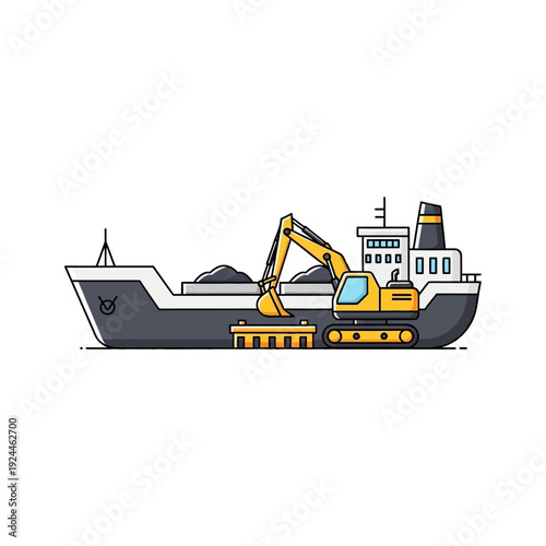 Excavator Loading Cargo onto a Barge Ship for Transport.