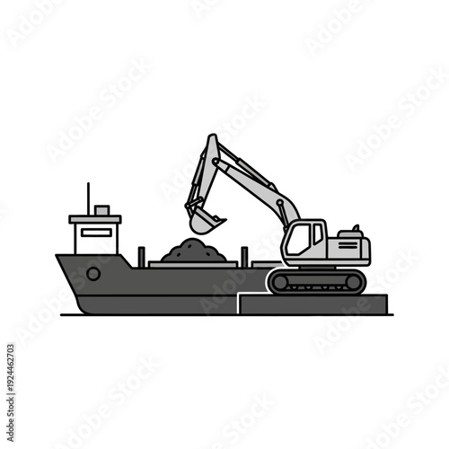 Excavator loading cargo onto a barge ship for transport.
