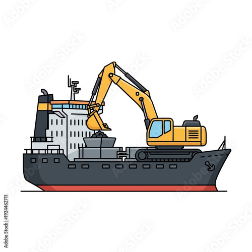 Excavator loading cargo onto a bulk carrier ship.