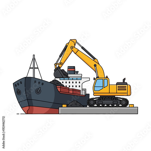 Excavator Loading Cargo Ship at Dockside.