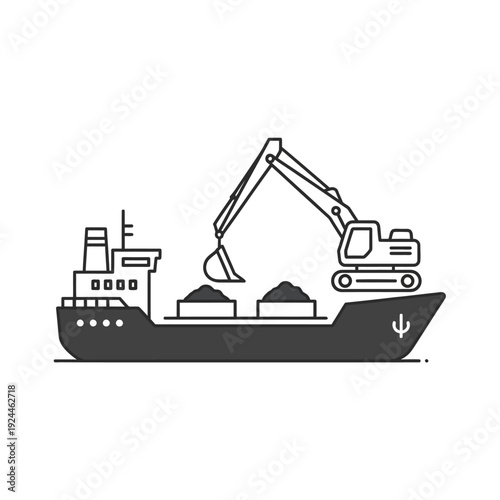 Excavator loading cargo onto a ship, industrial transport illustration.