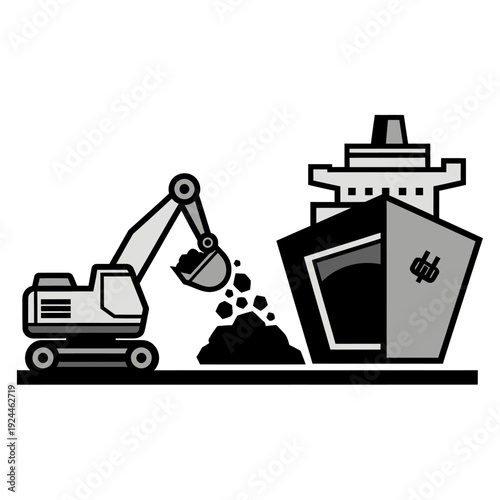 Excavator Loading Cargo Ship with Bulk Material.
