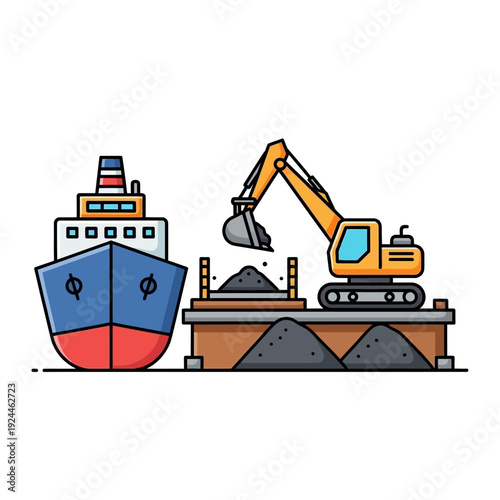 Excavator loading cargo ship with coal at port industrial scene.