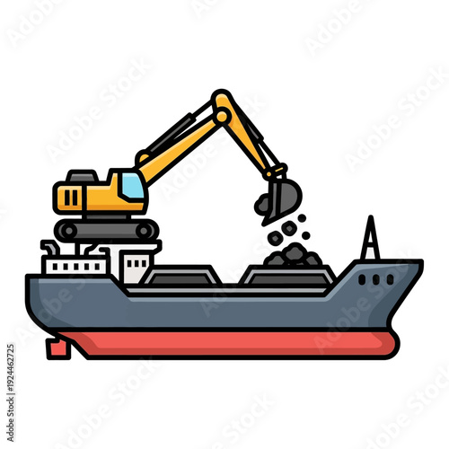 Excavator loading coal onto a cargo ship.