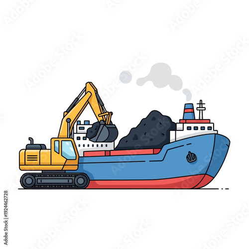 Excavator loading coal onto a cargo ship.