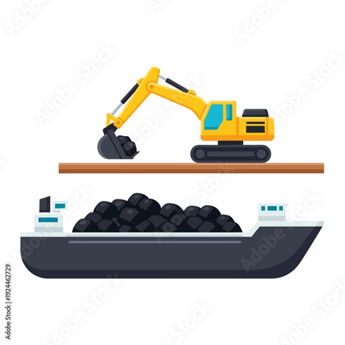Excavator Loading Coal onto a Cargo Ship.