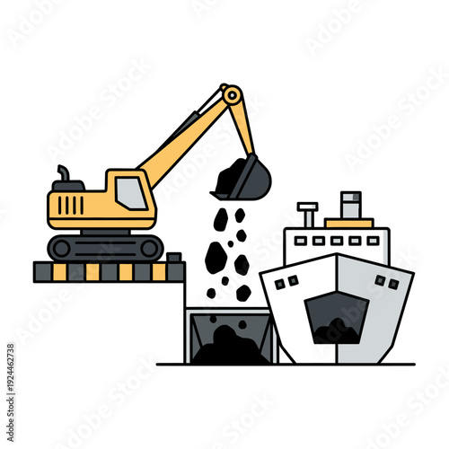Excavator Loading Coal onto a Cargo Ship.