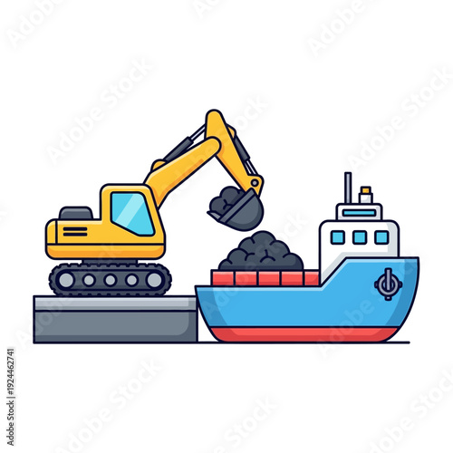 Excavator Loading Coal onto a Cargo Ship.