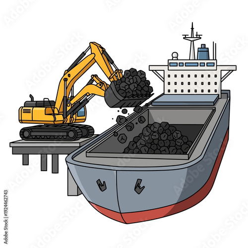 Excavator Loading Coal onto a Cargo Ship.