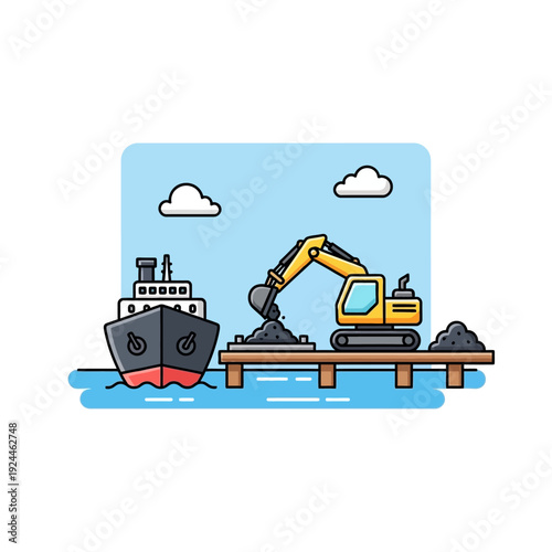 Excavator loading coal onto a cargo ship at a dock.