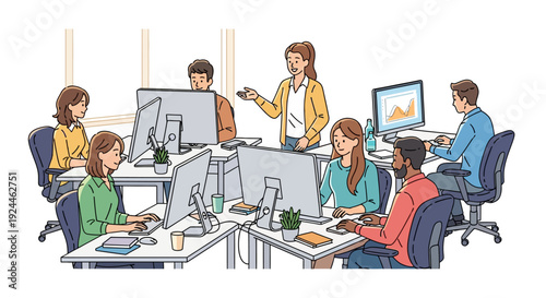 Young Professionals Collaborate Sunlit Office