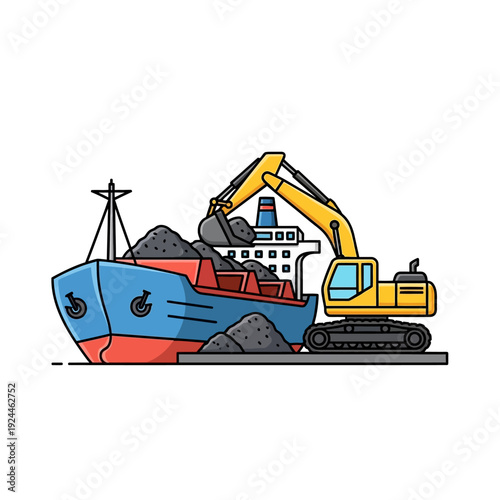 Excavator loading coal onto a cargo ship at a port.