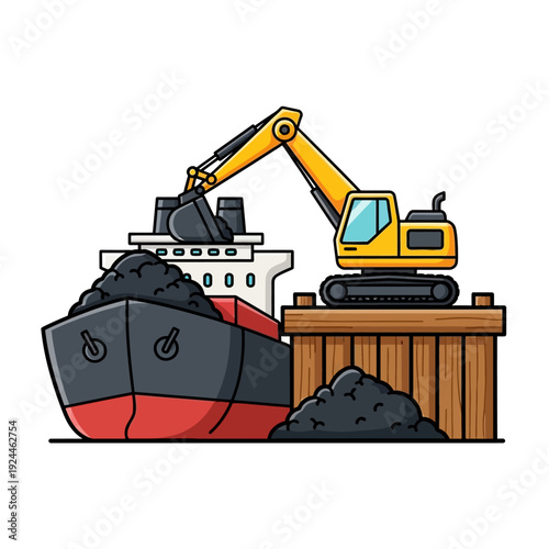 Excavator loading coal onto a cargo ship at a dockside.
