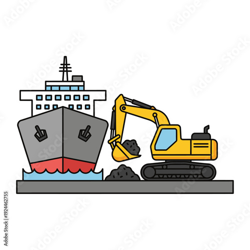 Excavator loading coal onto a cargo ship at a port.