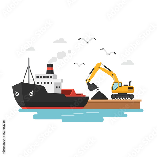 Excavator loading coal onto a cargo ship at a port.