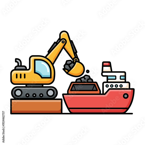 Excavator loading coal onto a cargo ship at a port.