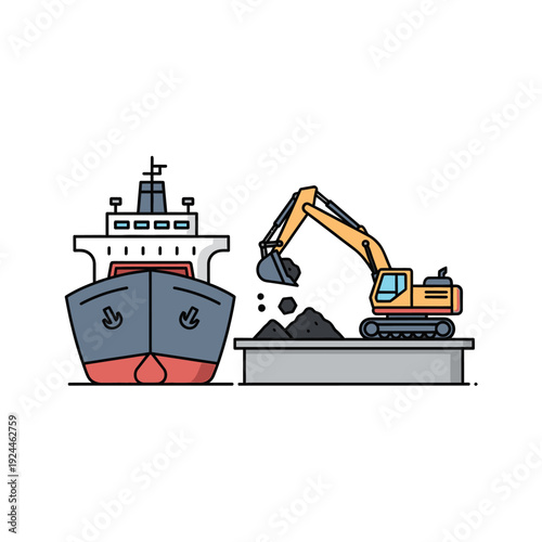 Excavator loading coal onto a cargo ship at a port.