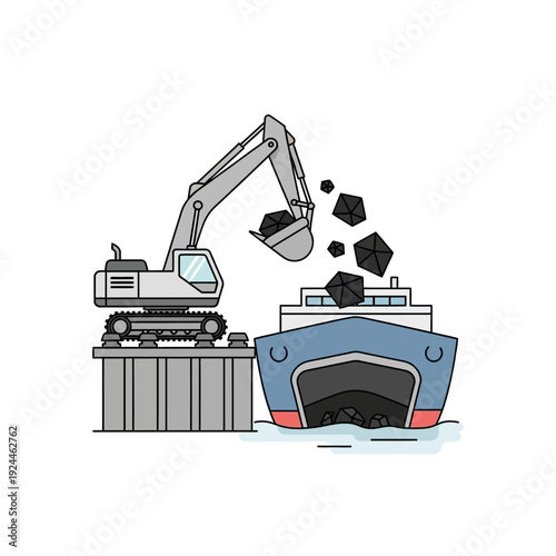 Excavator loading coal onto a cargo ship at a port.