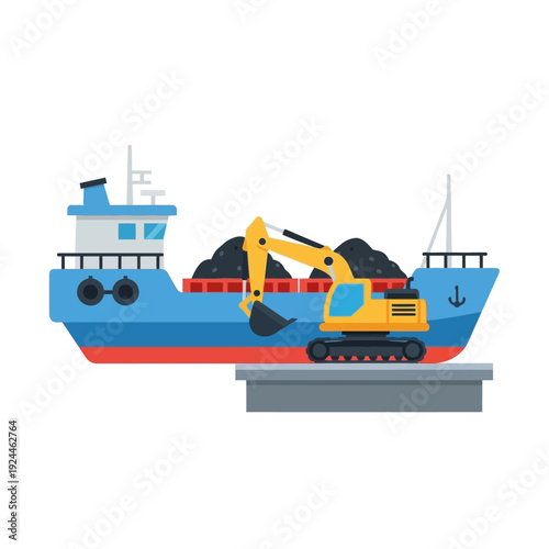 Excavator loading coal onto a cargo ship at a port.