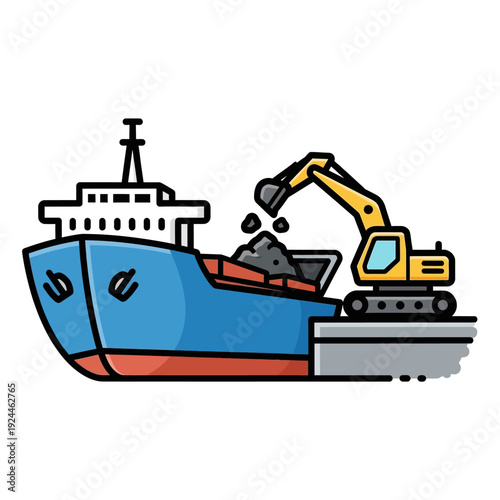 Excavator loading coal onto a cargo ship at port.