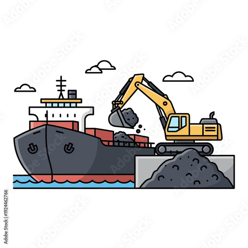 Excavator loading coal onto a cargo ship at a port.