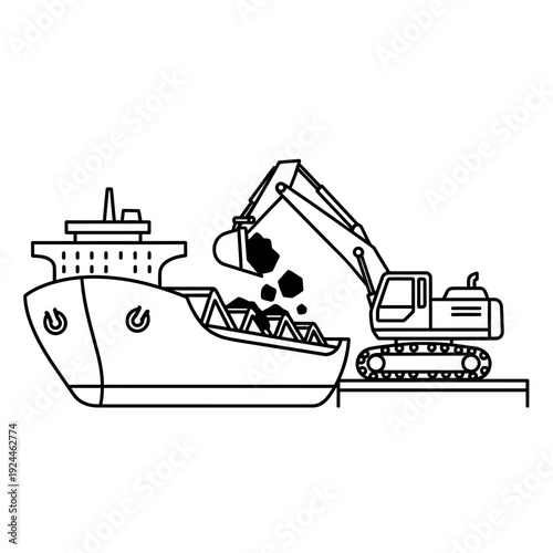 Excavator loading coal onto a cargo ship at the port.