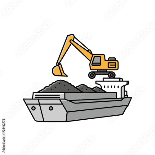 Excavator loading coal onto a cargo ship for transport.