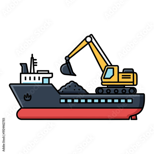 Excavator Loading Coal onto a Cargo Ship Illustration.