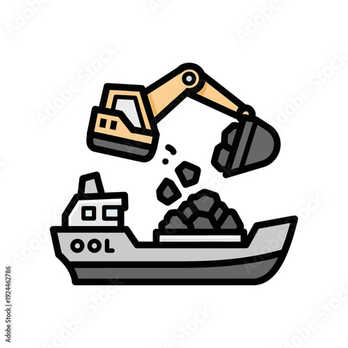 Excavator Loading Coal onto a Cargo Ship Icon.