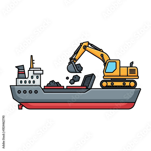 Excavator loading coal onto a cargo ship, industrial port operations.