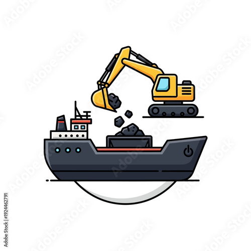 Excavator Loading Coal onto a Cargo Ship Illustration.