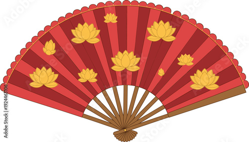 Traditional Chinese Folding Hand Fan with Red Lotus Floral Pattern for Cultural Festivals, Dance Performances, Decor, and Elegant Vector Design